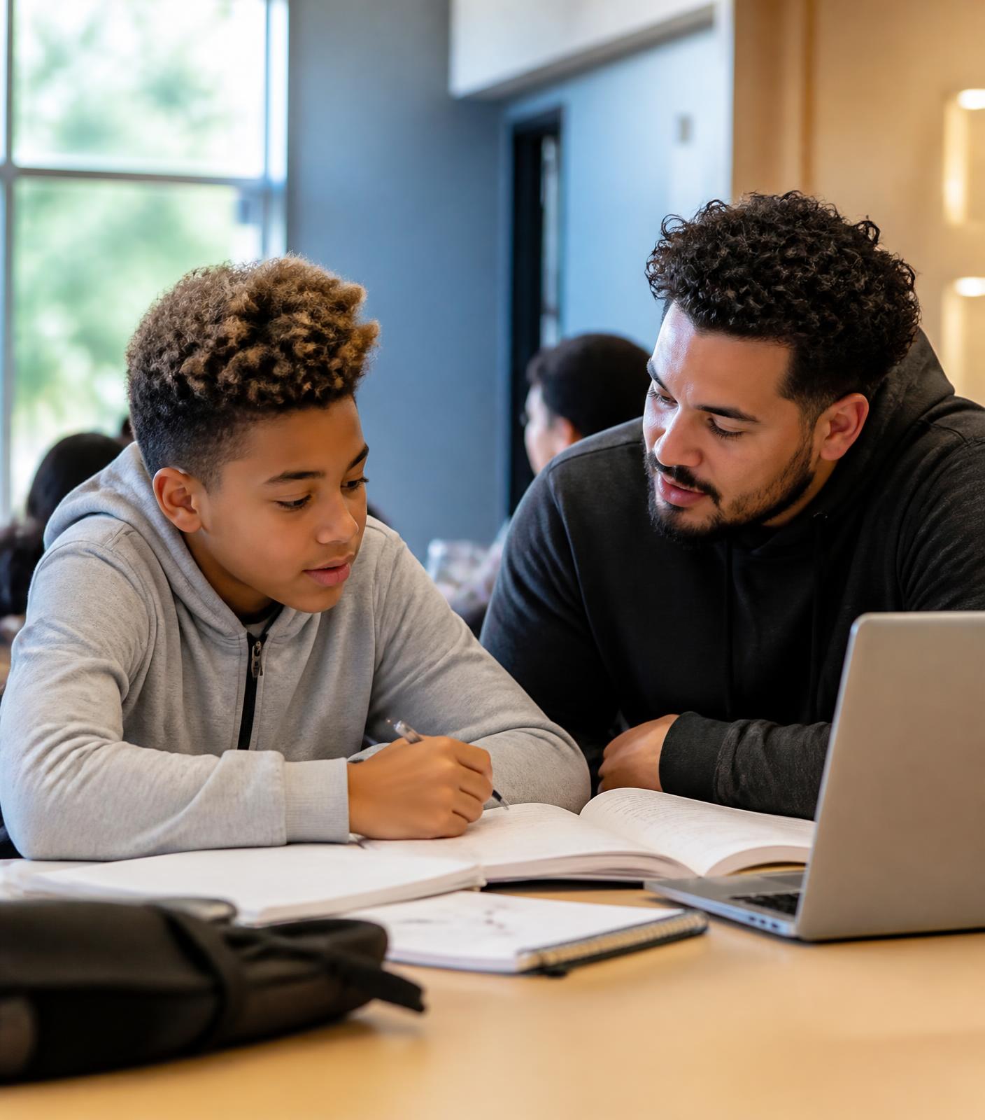 A middle-school student-athlete studying at a table alongside an adult mentor